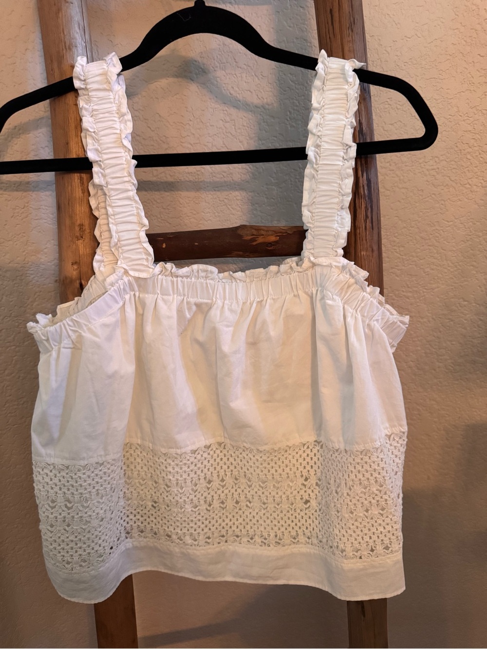 CeCe White Ruffle Strap Crochet-Trim Tank